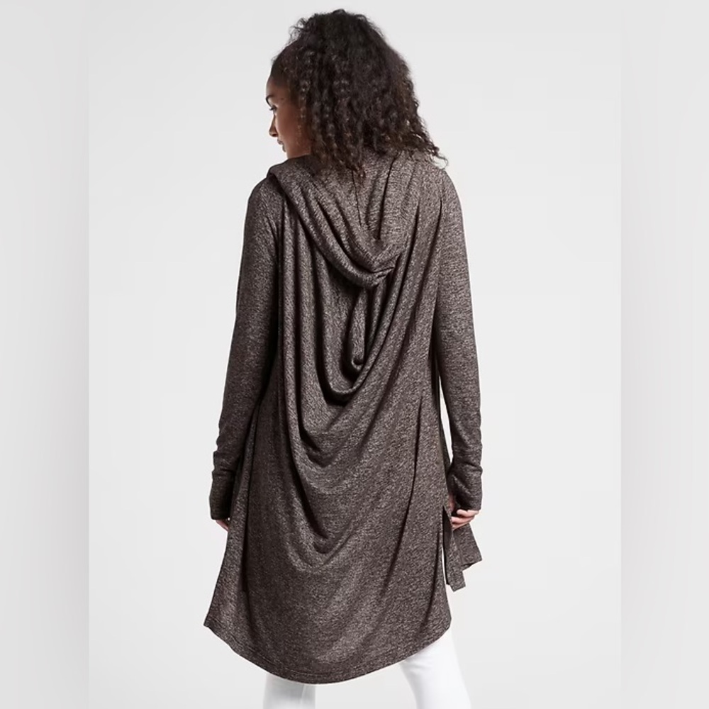 Athleta Harmony Wrap Open Front Hooded Long Knit Sweater Side Slits Women Medium